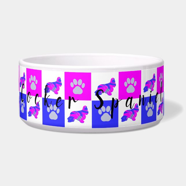Cocker Spaniel Dog & Paw Hot Pink & Blue Pet Bowl Voerbakje (Voorkant)