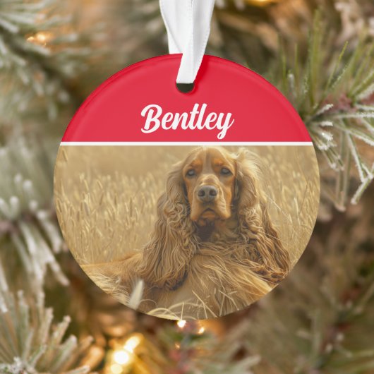 Cocker Spaniel Dog with Name and Photo Christmas Ornament (Boom)