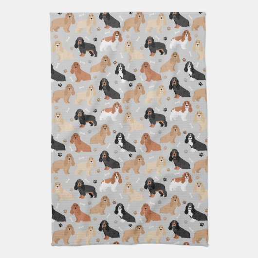 Cocker Spaniel Dogs Bones and Paws Gray Theedoek (Verticaal)