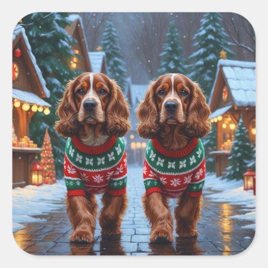 Cocker Spaniel Dogs Christmas Snow Holiday Vierkante Sticker (Voorkant)