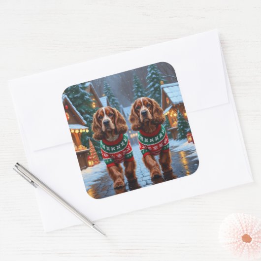 Cocker Spaniel Dogs Christmas Snow Holiday Vierkante Sticker (Envelop)