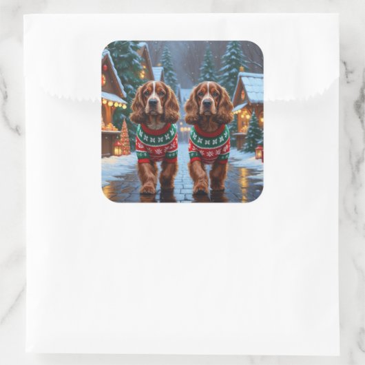 Cocker Spaniel Dogs Christmas Snow Holiday Vierkante Sticker (Tas)