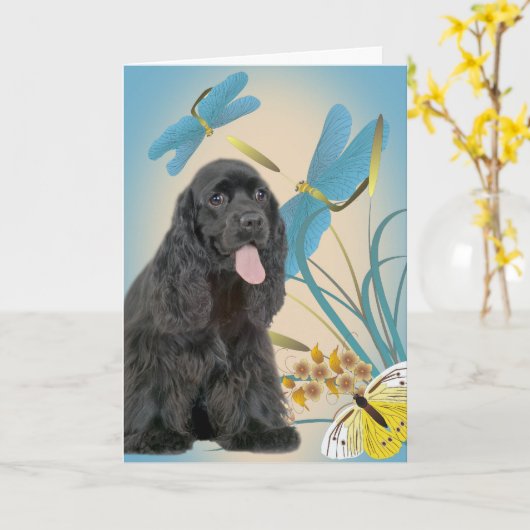 Cocker Spaniel Dragon Flies en Butterflies Kaart (Gele Bloem)