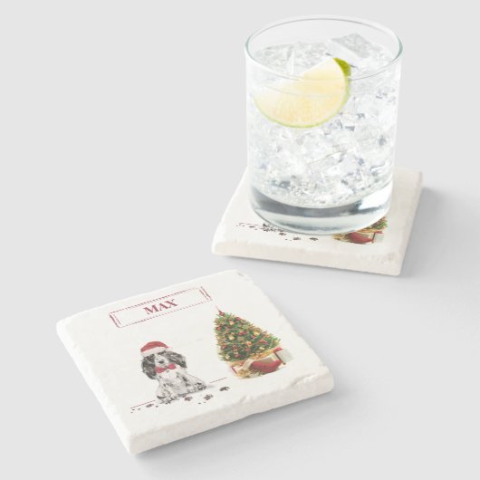 Cocker Spaniel Funny Kersthond met boom Stenen Onderzetter (Zijkant)