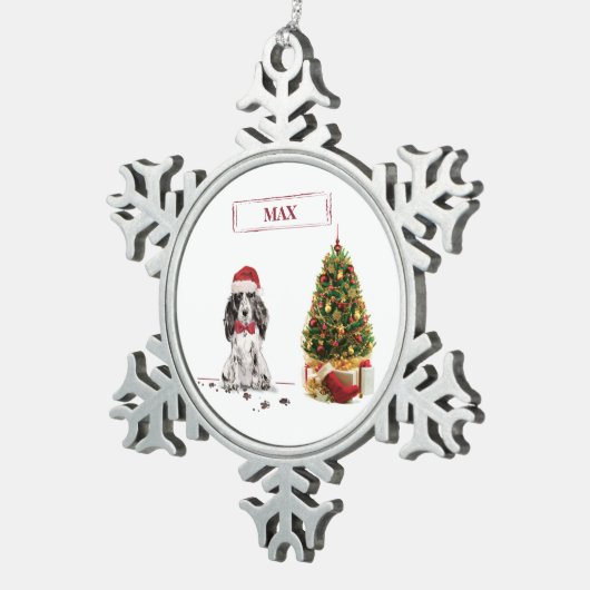 Cocker Spaniel Funny Kersthond met boom Tin Sneeuwvlok Ornament (Rechts)