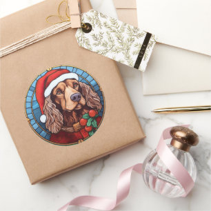 Cocker Spaniel Glas in lood Kerst Ronde Sticker