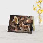 Cocker Spaniel Gramaphone Wenskaart Kaart (Gele Bloem)