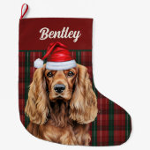 Cocker Spaniel Green and Red Plaid with Dog's Name Grote Kerstsok (Voorkant)