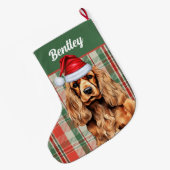 Cocker Spaniel groen en rood geplakt met naam van Grote Kerstsok (Achterkant (Hangend))