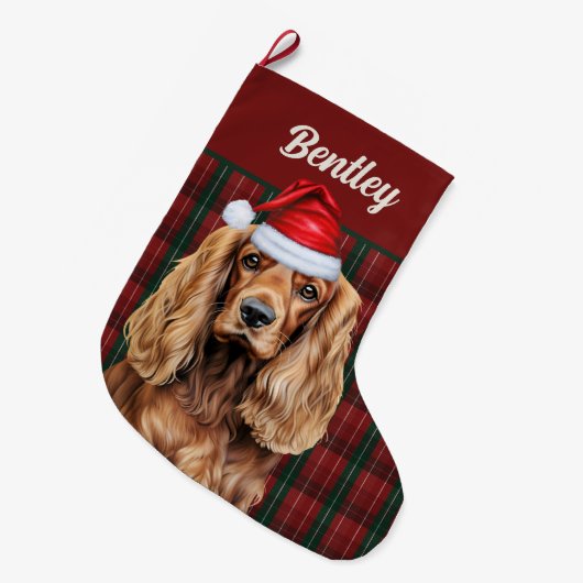 Cocker Spaniel Groen en Rood Geruit met Naam van d Grote Kerstsok (Voorkant (Hangend))