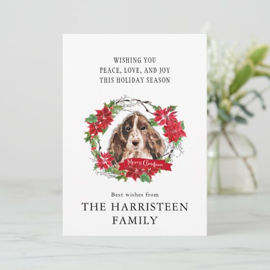 Cocker Spaniel Head Brown Waterverf Poinsettia Feestdagenkaart (Staand voorkant)