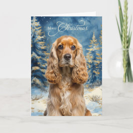 Cocker Spaniel-hond en blauwe winterdennenbos Feestdagen Kaart
