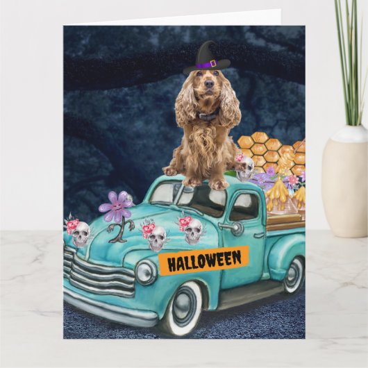 Cocker Spaniel hond Halloween vrachtwagen eng nach Kaart (Voorkant)