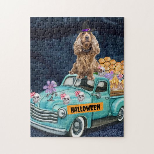 Cocker Spaniel hond Halloween vrachtwagen enge nac Legpuzzel (Verticaal)