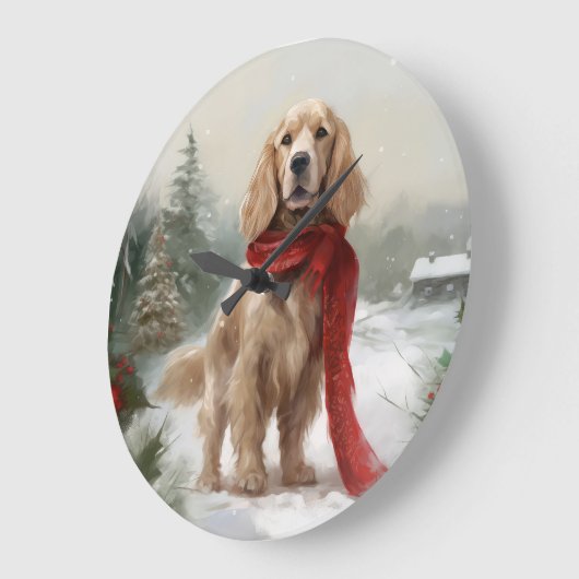Cocker Spaniel hond in de sneeuw met Kerstmis Grote Klok (Hoek)