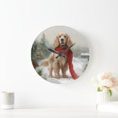 Cocker Spaniel hond in de sneeuw met Kerstmis Grote Klok (Huis)