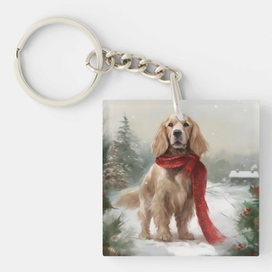Cocker Spaniel hond in de sneeuw met Kerstmis Sleutelhanger (Voorkant)