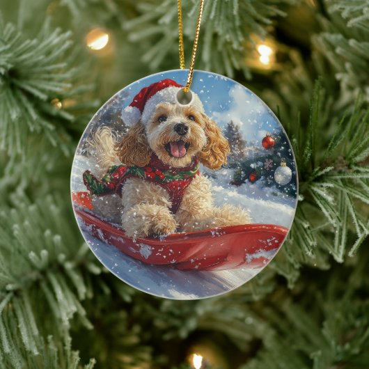 Cocker Spaniel Hond in Slede Laat het Sneeuwen Ker Keramisch Ornament (Boom)