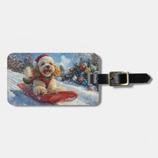 Cocker Spaniel Hond in Sledge Laat het Sneeuw Kers Bagagelabel (Voorkant horizontaal)