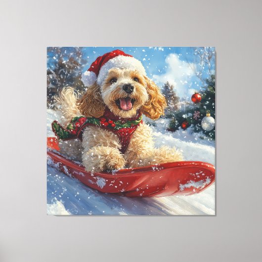 Cocker Spaniel Hond in Sledge Laat het Sneeuw Kers Canvas Afdruk (Voorkant)