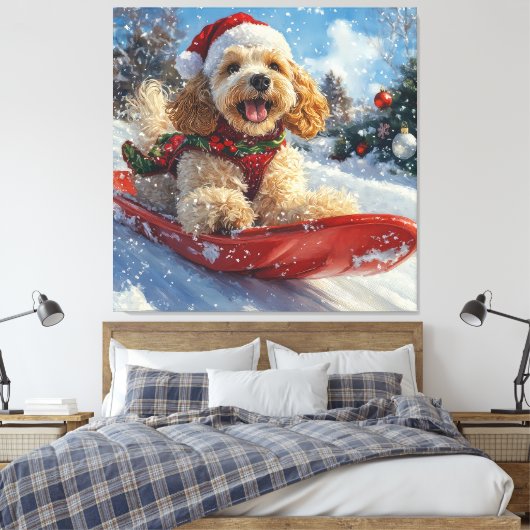 Cocker Spaniel Hond in Sledge Laat het Sneeuw Kers Canvas Afdruk (Insitu (Slaapkamer))