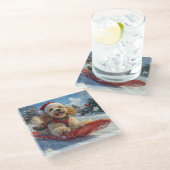 Cocker Spaniel Hond in Sledge Laat het Sneeuw Kers Glazen Onderzetter (Schuin)