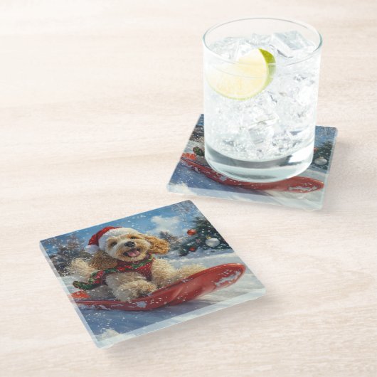 Cocker Spaniel Hond in Sledge Laat het Sneeuw Kers Glazen Onderzetter (Schuin)