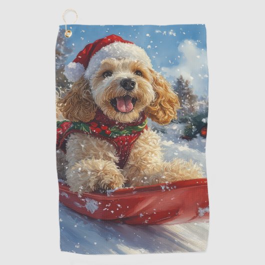 Cocker Spaniel Hond in Sledge Laat het Sneeuw Kers Golfhanddoek (Voorkant)