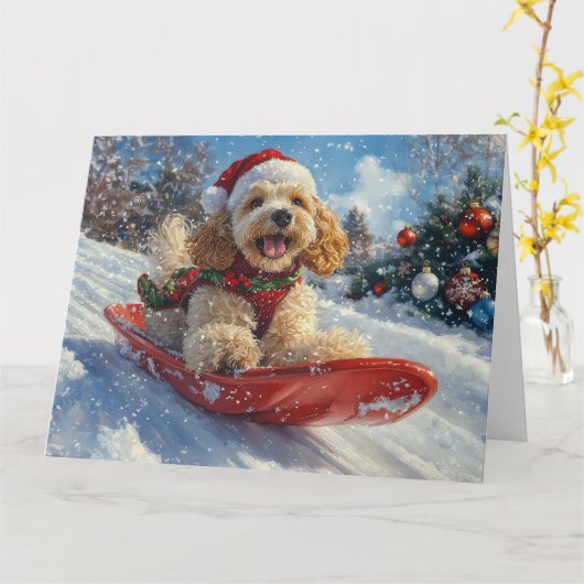 Cocker Spaniel Hond in Sledge Laat het Sneeuw Kers Kaart (Gele Bloem)