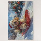 Cocker Spaniel Hond in Sledge Laat het Sneeuw Kers Legpuzzel (Verticaal)