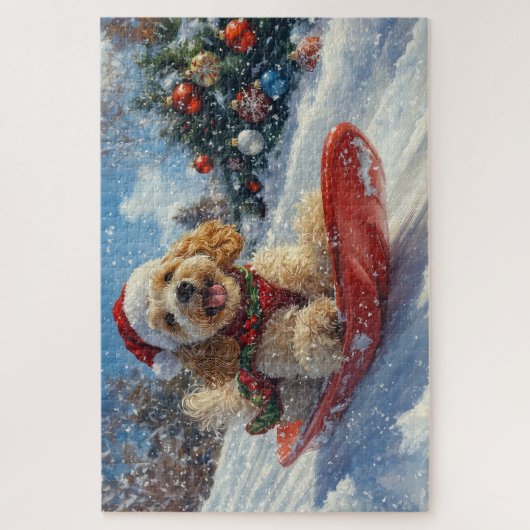 Cocker Spaniel Hond in Sledge Laat het Sneeuw Kers Legpuzzel (Verticaal)