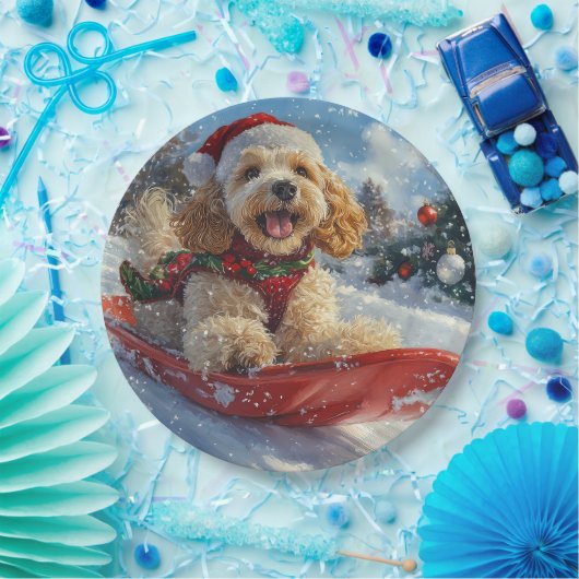 Cocker Spaniel Hond in Sledge Laat het Sneeuw Kers Papieren Bordje (Feest)