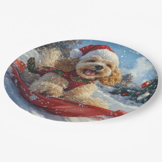 Cocker Spaniel Hond in Sledge Laat het Sneeuw Kers Papieren Bordje (Gekanteld)