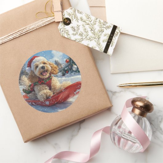 Cocker Spaniel Hond in Sledge Laat het Sneeuw Kers Ronde Sticker (Geschenken)