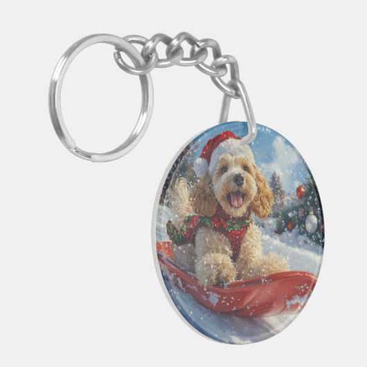 Cocker Spaniel Hond in Sledge Laat het Sneeuw Kers Sleutelhanger (Voorkant Links)