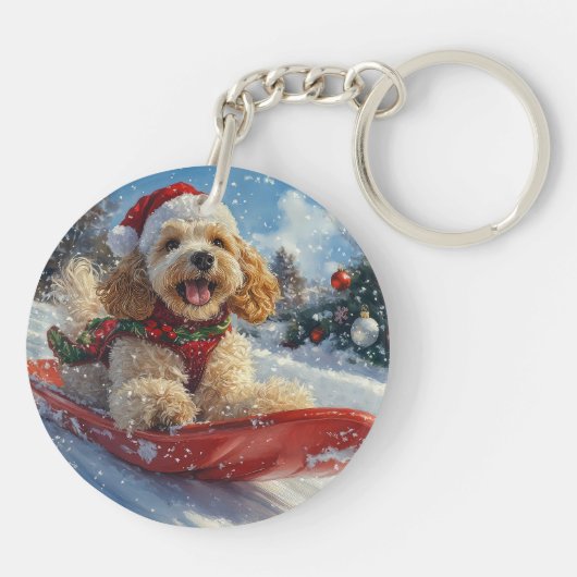 Cocker Spaniel Hond in Sledge Laat het Sneeuw Kers Sleutelhanger (Achterkant)