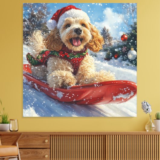 Cocker Spaniel-hond in slee Laat het sneeuwen Kers Canvas Afdruk (Insitu (Woonkamer))