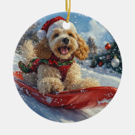 Cocker Spaniel-hond in slee Laat het sneeuwen Kers Keramisch Ornament (Voorkant)