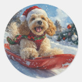 Cocker Spaniel-hond in slee laat het sneeuwen Kers Ronde Sticker (Voorkant)