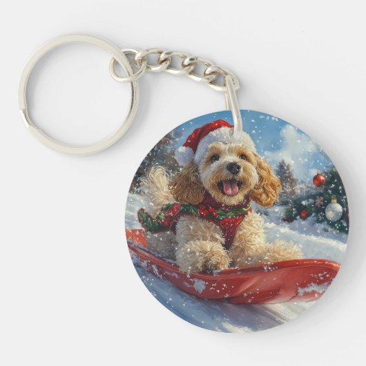 Cocker Spaniel-hond in slee laat het sneeuwen Kers Sleutelhanger (Voorkant)