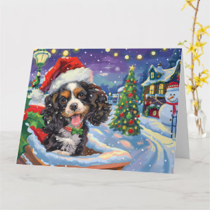 Cocker Spaniel Hond in Sleigh Sneeuw Kerstmis Kaart