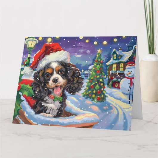 Cocker Spaniel Hond in Sleigh Sneeuw Kerstmis Kaart (Voorkant)