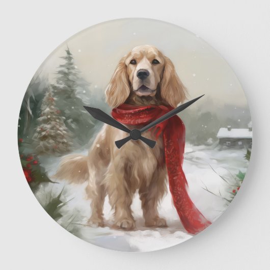 Cocker Spaniel Hond in Sneeuw Kerstmis Grote Klok (Voorkant)
