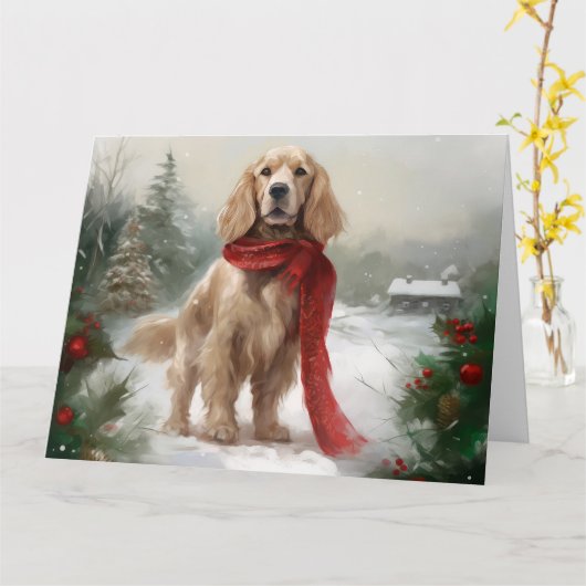 Cocker Spaniel Hond in Sneeuw Kerstmis Kaart (Gele Bloem)