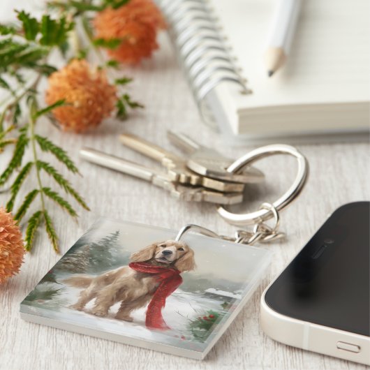 Cocker Spaniel Hond in Sneeuw Kerstmis Sleutelhanger (Voorkant Rechts)