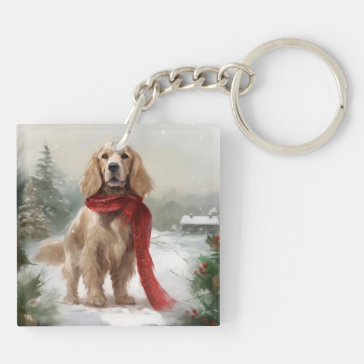 Cocker Spaniel Hond in Sneeuw Kerstmis Sleutelhanger (Achterkant)