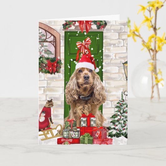 Cocker Spaniel Hond Kerstmis Kaart (Gele Bloem)