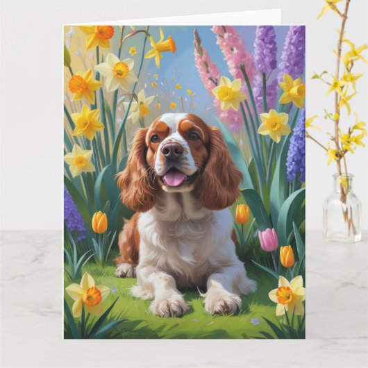 Cocker Spaniel hond lente bloemen schilderij Kaart (Gele Bloem)