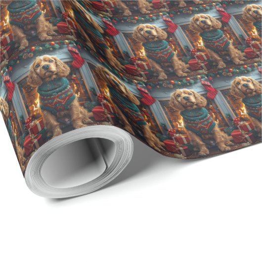 Cocker Spaniel-hond met kerstcadeaus bij de open h Cadeaupapier (Rol Hoek)