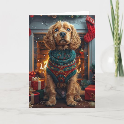 Cocker Spaniel Hond Met Kerstcadeaus Open Haard Kaart (Voorkant)